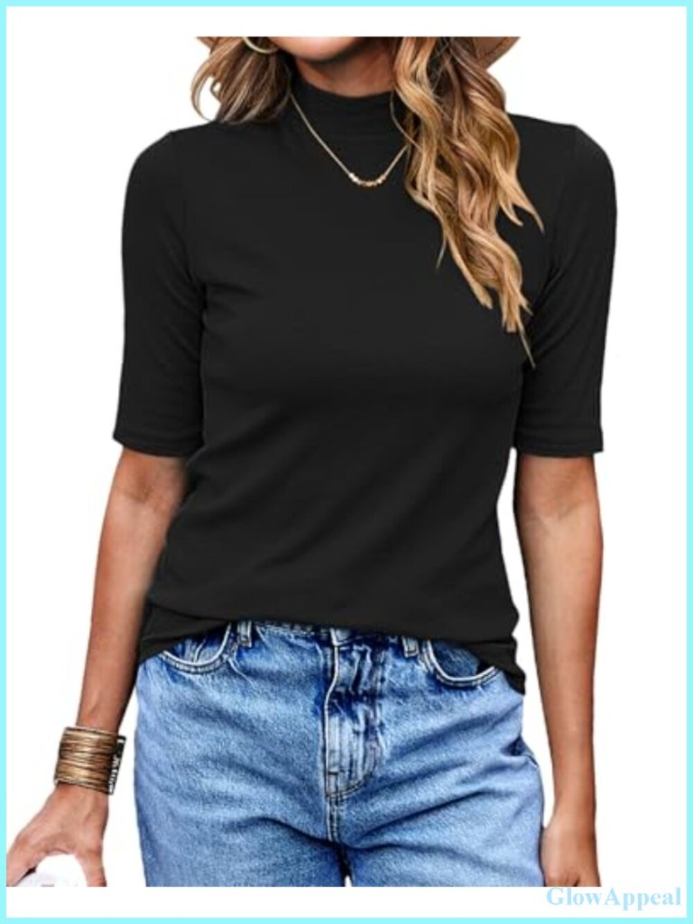 Women Half Sleeve Mock Turtleneck Top Slim Fit Casual Dressy Shirt